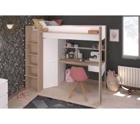 Lit Mezzanine Avec Bureau Et Armoire - 90 X 200 Cm - Coloris : Blanc Et Naturel - Auckland