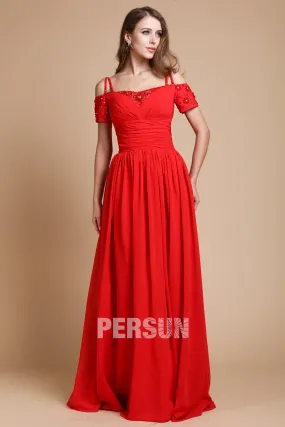 Robe rouge pour noel épaule dégagée avec manche courte - Robedesoireelongue.fr
